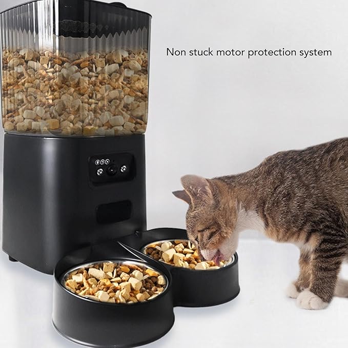 Automatic Cat Feeder,Timed Feeding Button Control Automatic Cat Food Dispenser Auto Pet Feeder with Stainless Steel Bowl for Dog Pet Indoor (Dual Bowls)