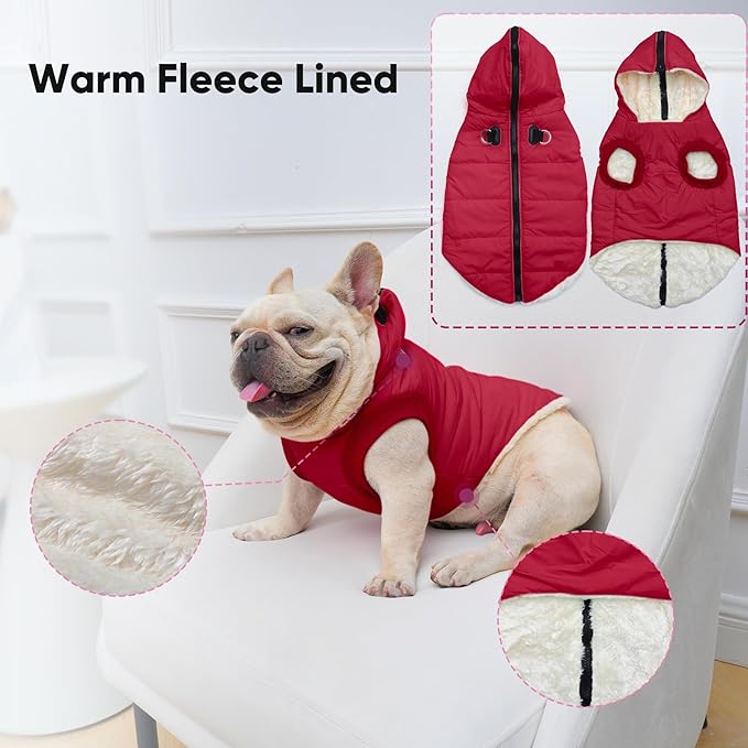 Fleece Lining Dog Hoodie with Harness Built in,Extra Warm Small Dog Jacket in Winter Puppy Coats with Hooded,Red S
