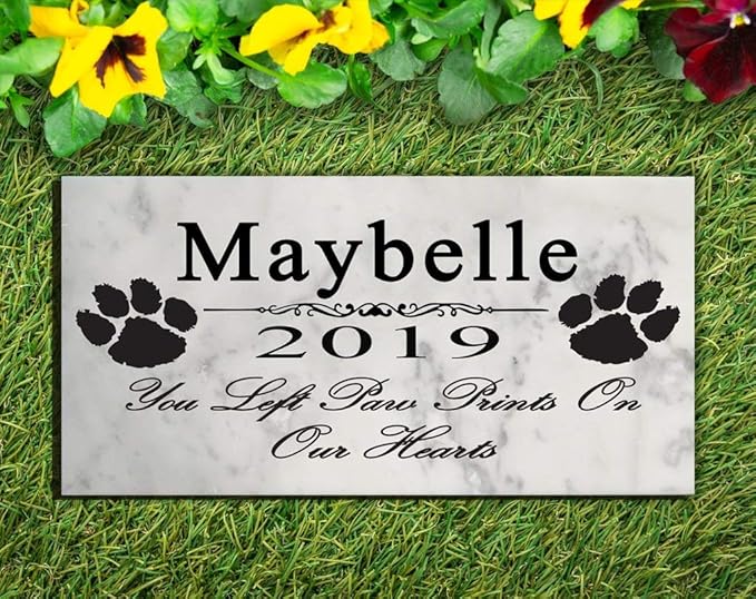 Broad Bay Dog Pet Memorial Gift Stone Solid Marble Personalized Pet Plaque Garden Marker Indoor or Outdoor Grave Headstone 12" x 6" (Paw Prints On Our Hearts)