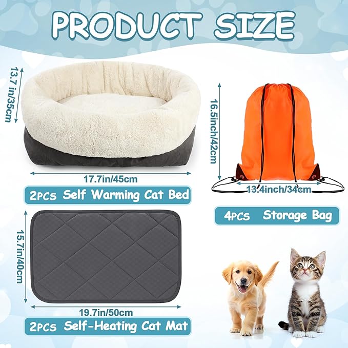 Riakrum 4 Pack Self Warming Cat Bed 17.7 x 13.7 Inch & Self Heating Cat Mat 16 x 20 Inch Anti-Slip Soft Round Thermal Heated Pet Bed with 4 Storage Bags for Indoor Outdoor Small Pet Kittens Puppies