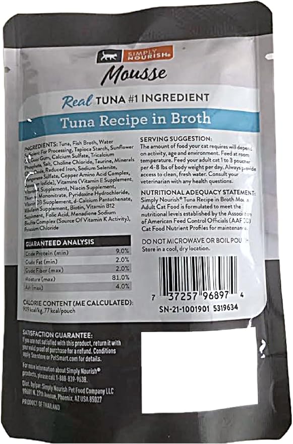 SIMPLY NOURISH Adult Cat Mousse Recipe in Broth. 4-Pack 3 oz Pouches Plus Cat Toy (Toy Varies) (Tuna Recipe in Broth)