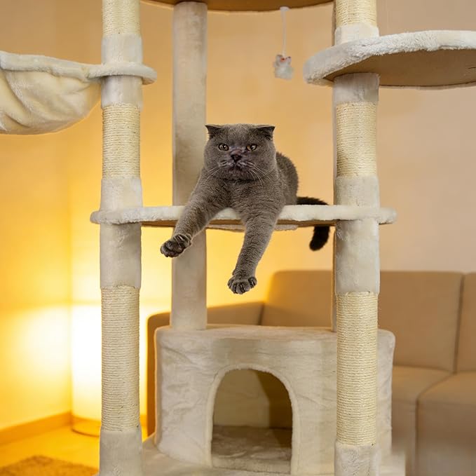 78.8 Inches Cat Tower for Indoor Cats, Cute Cat Tree with Cozy Condo, Platform, Hammock, Sisal Scratch Board and Interactive Toy (Beige)