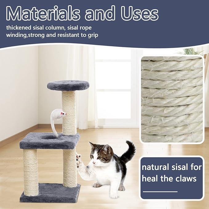 Small Cat Tree With Sisal Scratching Pole, Interactive Toys for Indoor Cats, Scratching Post, Easy Installation Tower for Small Cats