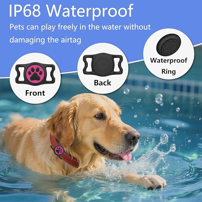 2-Pack Airtag Holder for Dog Collar, Waterproof Silicone Protective Case Cover, Anti-Lost Tracker Universal Fit for All Width Pet Collars(Black&Rose Red)