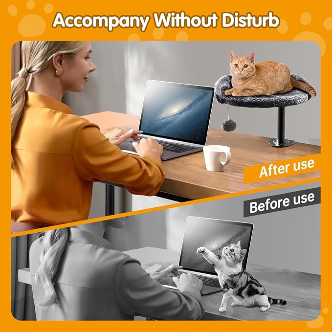 Cat Desk Bed with Adjustable Steel Frame - Faux Fur Fabric Elevated Bed for Indoor - Multi-Functional Pet Cats Mount,Furniture,Perch,Shelf,Raised,Stand-Supports up to 40lbs