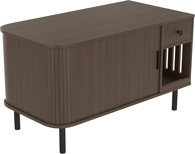 37.4" Cat Litter Box Enclosure with Sliding Door Hidden Cat Litter Box Enclosure and End Table with Drawer Charging Station Modern Accent Cabinet Indoor Kitty House for Living Room Bedroom Brown