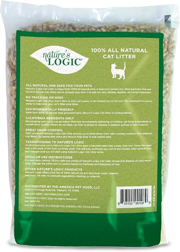 Nature's Logic 100% Natural Pine Pellet Cat Litter - 100% Ponderosa Pine, Dust-Free, Unscented, Biodegradable - Safe for Cats, Kittens, Reptiles & Small Pets - Highly Absorbent - 12 lb Bag (Pack of 2)