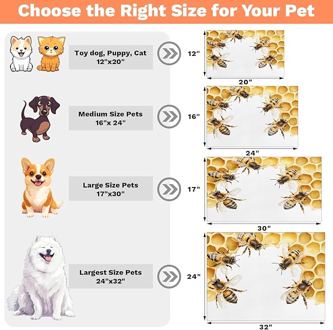 Cute Bee Dog Food Mat for Floors Absorbent, Quick Dry Water Dispenser Mat for Food, Water, Pet Supplies 12" x 20", Honeycomb
