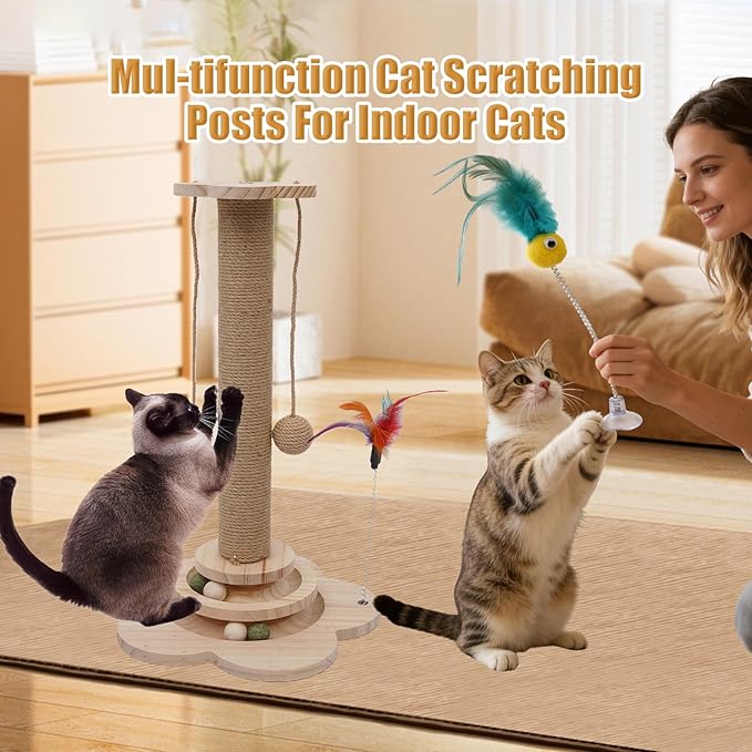 4-in-1 Wooden Cat Scratcher Toy,Cat Scratching Post&2-Level Track Tower With 8 Balls&2 Sisal Ball&2 Cat Wand Toy,Indoor Cat Activity Center For Cats Of All Ages And Body Types (11.8"L x 11.8"W x 19"H)