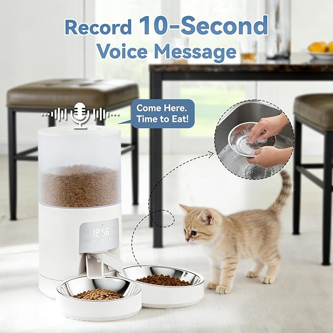 DUMOS Automatic Cat Feeder for 2 Cats, 6L Timed Cat Food Dispenser with 2 Stainless Bowls, 10s Voice Recorder, Dual Power Supply, 6 Meals 50 Portions Per Day, Dual Pet Feeder for Cat and Dog, White