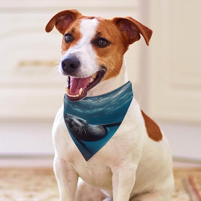 Dog Bandana Spring Pet Scarf Adjustable Triangle Underwater Sea Lion Printing Dog Bib Washable Polyester Puppy Bandana for Small Medium Large Dogs Cat Birthday Party Supplies