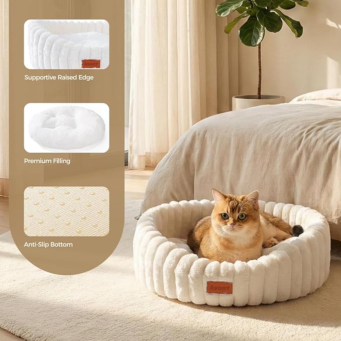Avont Fluffy Cat Bed for Indoor Cats, Cozy Plush Sleeping Nest for All Sleep Styles, Washable Removable Cushion & Anti-Slip Base, Calming Round Bed for Kittens & Small Dogs – Cream(M)