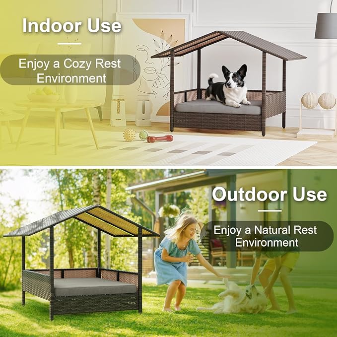 Waleaf Wicker Dog House Outdoor Indoor with Canopy and Removable Cushion, Elevated Rattan Dog Bed Shelter for Small/Medium Dogs, Weather Proof Cushion Cover Pet Cabana for Patio, Deck, Pool, Yard
