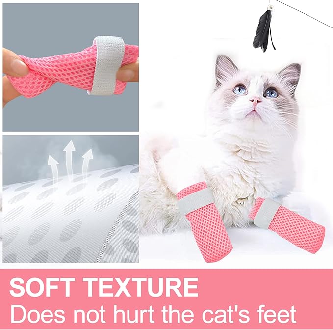 Cat Boots,paw Covers Anti-Scratch Cat Foot Covers for Cats Adjustable Mesh Cat Claw Protectors Non-Slip Breathablesuitable for Family Pet Cat Bathing and Nail Cutting (4 Pieces) (m, Pink)