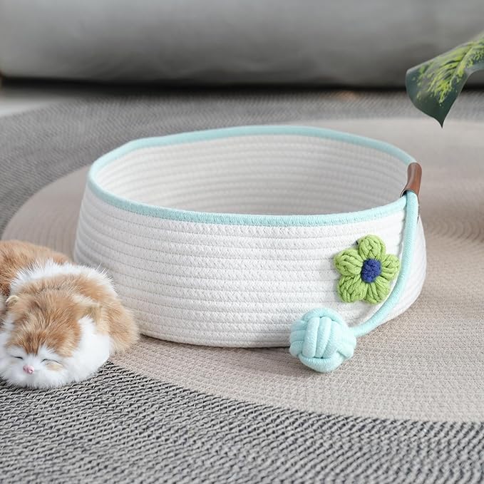 Natural Cat Bed Cotton Rope Woven for All Seasons Cat Nest Basket Washable,Cute Green Flower Decor,Cozy Kitten Mat Scratcher Round Shape for Indoor(White)