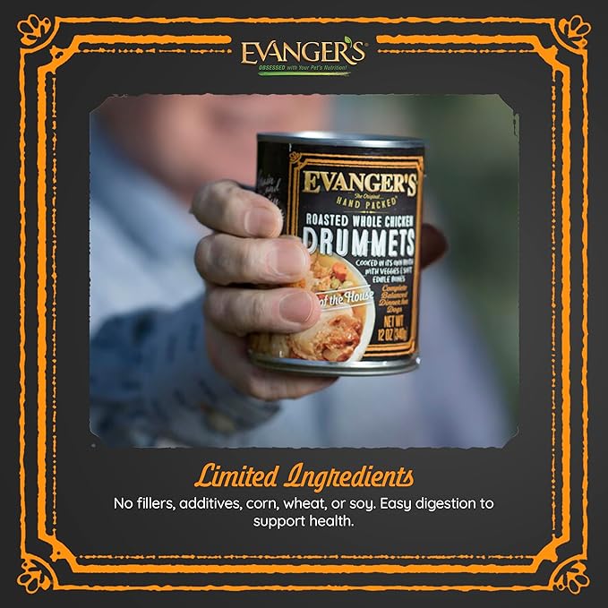 Evanger's Heritage Classics Roasted Chicken Drummets Dinner for Dogs – 12 Count, 12 oz Each – Hand-Packed Whole Chicken Drummets with Carrots & Peas – Grain & Gluten Free Wet Dog Food