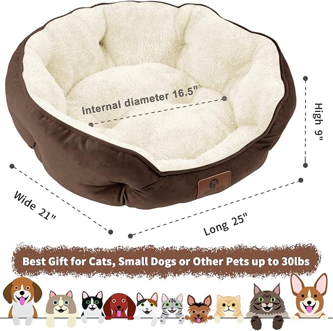 Asvin Medium Dog Bed for Medium Dogs, Large Cat Beds for Indoor Cats, Pet Bed for Puppy and Kitty, Extra Soft & Machine Washable with Anti-Slip & Water-Resistant Oxford Bottom, Brown, 25 inches