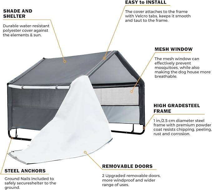 XLarge Outdoor Dog House 4'x4'x3.2' for Large Dogs, Animal Shelter with Doors and Mesh Window, Outside Sun Rain Canopy Pet House for Dogs, Cats, Small Animals and Livestock