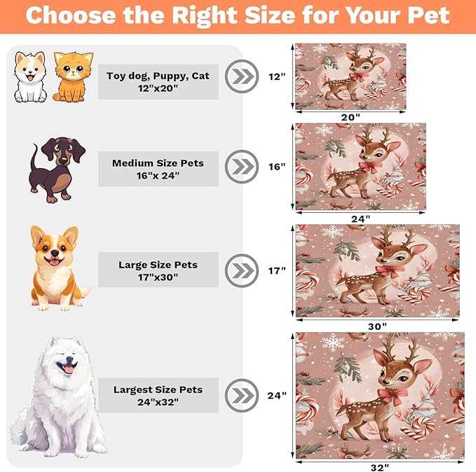 Christmas Deer Dog Food Mat for Floors Absorbent, Quick Dry Water Dispenser Mat for Food, Water, Pet Supplies 24" x 32", Cute Animal