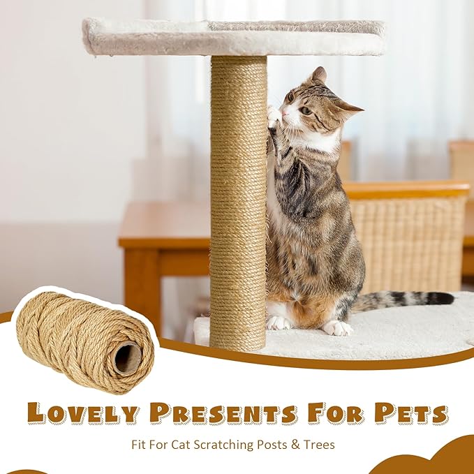 262 ft/80 m Sisal Rope for Cat Scratcher, 1/4 inch/ 6 mm Thick Twine for Cat Scratching Post Cat Tree Replacements DIY Craft Projects, Jute Hemp Rope with 4 Random Colors Cat Toys