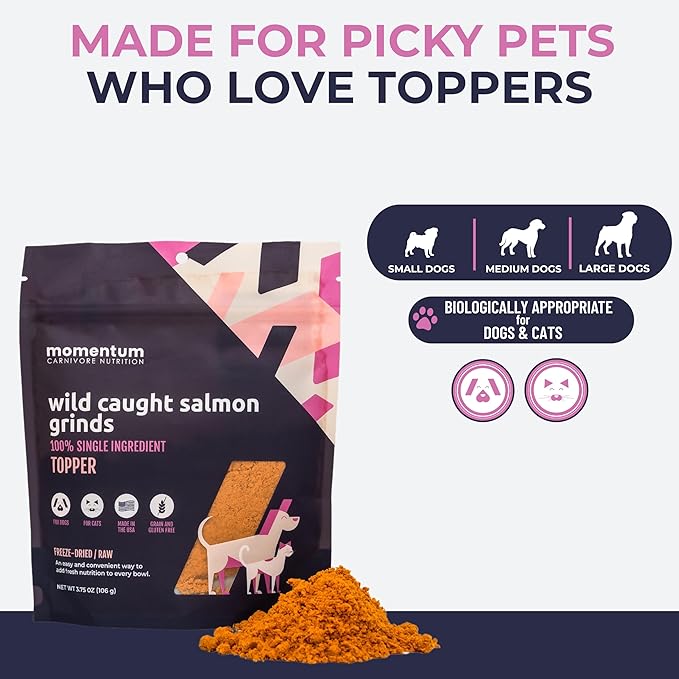 Momentum Carnivore Nutrition Freeze-Dried Wild-Caught Salmon Pet Food Topper – Single-Ingredient, All-Natural Topper – High-Protein for Dogs and Cats, Grain-Free and Made in The USA– (3.75 oz Bag)