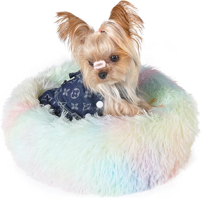 Fluffy Rainbow Dog Bed Extra Small Washable,Calming Dog Bed Rainbow for Small Dogs 15 inches Donut Soft Small Pet Bed,Anti Anxiety Round Fits up to 5 lbs Warm Comfort Pets Beds for Puppy Dogs Indoor