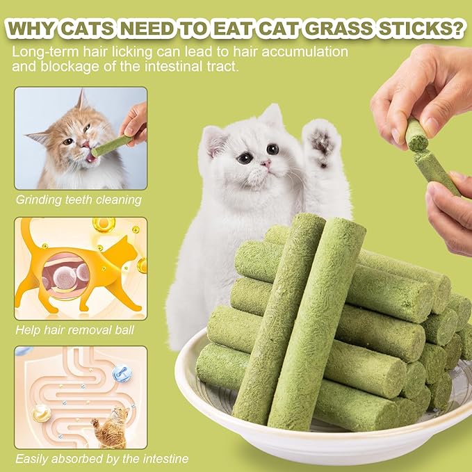 Dylan's cabin Cat Grass Teething Stick - Natural Freeze Dried Treats Edible Chew Cat Toy for Teeth Cleaning and Hairball Removal (80g)