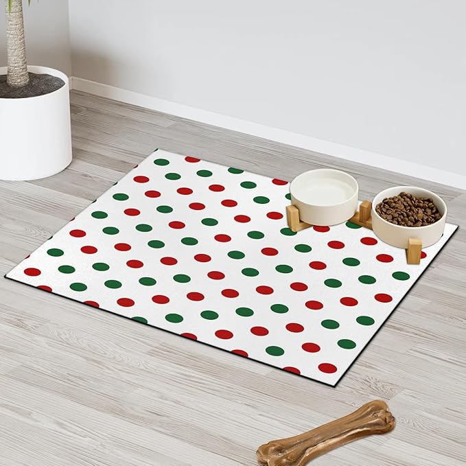 Polka Dots Dog Food Mat for Floors Absorbent Dog Bowl Mat for Food and Water Dispenser Quick Dry Cat Food Placemat Pet Supplies 24" x 32", Circle