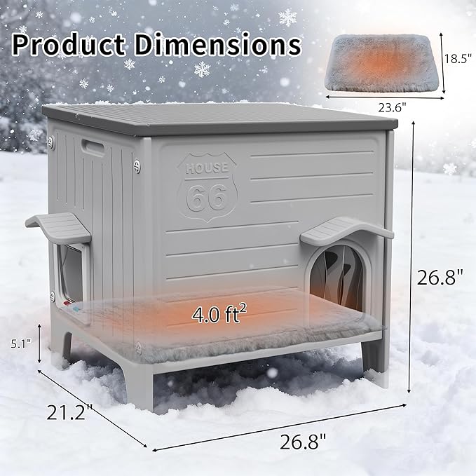 Rockever Waterproof Cat House for Outdoor Cats, Insulated Outdoor Cat House with Soft Mat, Elevated Feral Cat House Outdoor Indoor, Safe Escape Door, Spacious and Clean Easily(L,Grey with Mat)