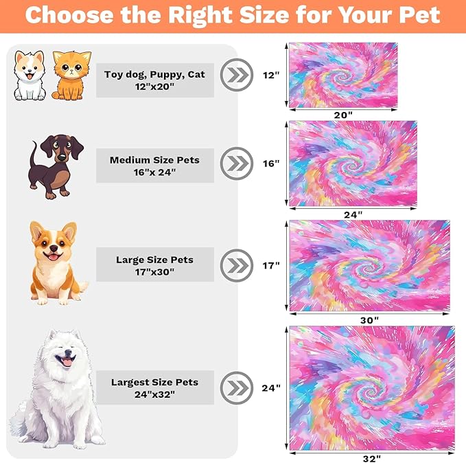 Cute Tie Dye Dog Food Mat for Floors Absorbent, Quick Dry Water Dispenser Mat for Food, Water, Pet Supplies 16" x 24", Rainbow