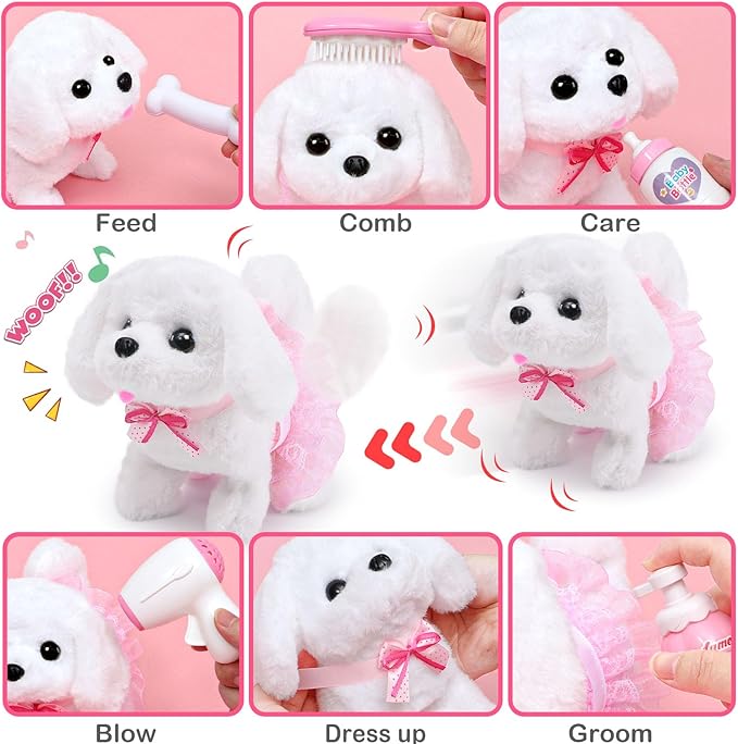 Golray Dog Toys for Kids Girls, Stroller & Electronic Interactive Stuffed Dog Plush Can Walk Bark, 10 Pcs Toddler Girl Toy Dog Puppy Pet Care Pretend Play Set, Birthday Gifts for Little Girl 3 4 5 6 7