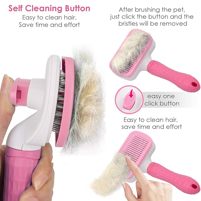 TIMINGILA Self Cleaning Slicker Brush for Dogs and Cats,Pet Grooming Tool,Removes Undercoat,Shedding Mats and Tangled Hair,Dander,Dirt, Massages particle,Improves Circulation (Pink)