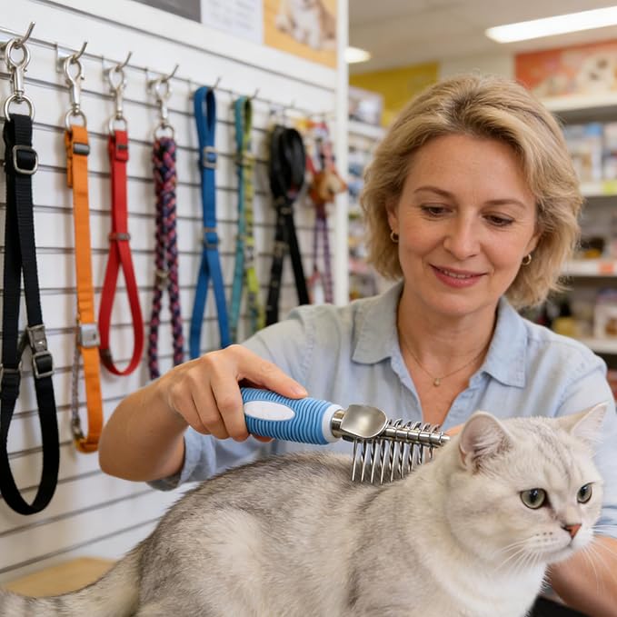 Dematting Comb for Cats, Gentle Grooming Tool, 9.84 Inch Hair Brush with Undercoat Detangling Design, Pet Accessory, Small Medium Long Short Puppy Kitten Device with Grip, Home Supplies for Family Use