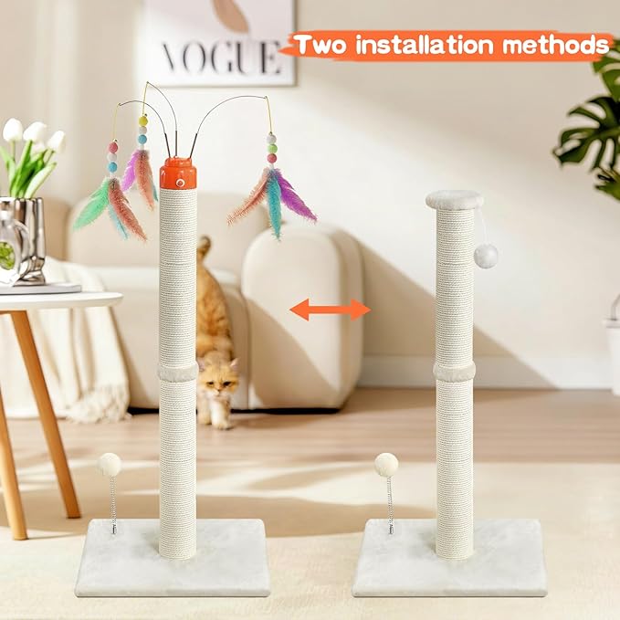 Cat Scratching Post ，33.4" Tall Automatic Teaser Wand Scratching Post with Sisal Rope，Interactive Automatic Rotating Hanging Balls Cat Toys for Indoor Cats
