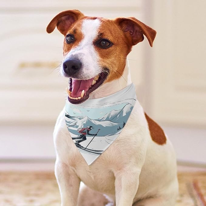 Dog Bandana Spring Pet Scarf Adjustable Triangle Skiing Theme Printing Dog Bib Washable Polyester Puppy Bandana for Small Medium Large Dogs Cat Birthday Party Supplies