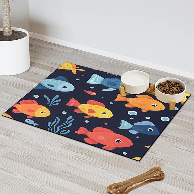 Cartoon Fish Dog Food Mat for Floors Absorbent Dog Bowl Mat for Food and Water Dispenser Quick Dry Cat Food Placemat Pet Supplies 12" x 20", Coral Ocean
