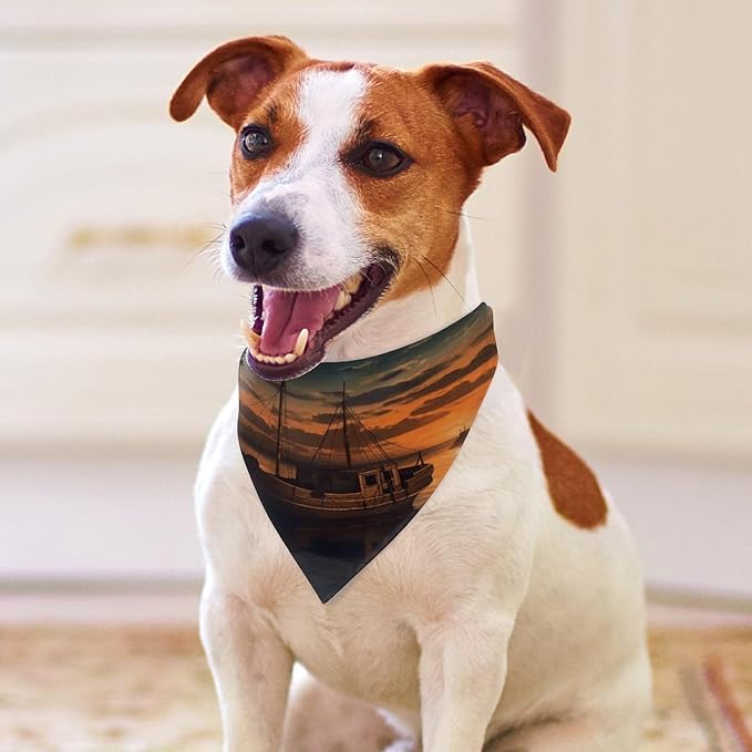 Dog Bandana Spring Pet Scarf Adjustable Triangle Boat at Dusk Printing Dog Bib Washable Polyester Puppy Bandana for Small Medium Large Dogs Cat Birthday Party Supplies