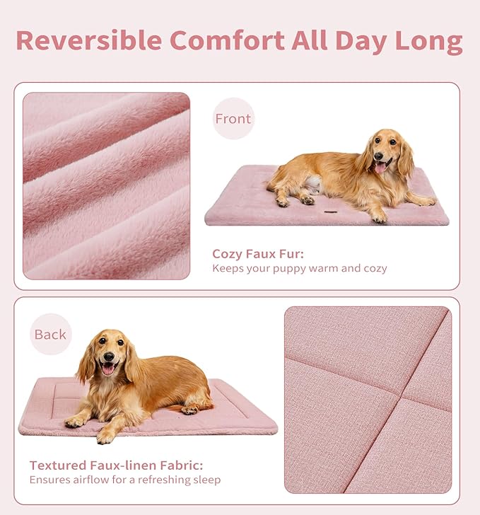 MADE 4 PETS Dog Crate Pad Bed for Extra Large Dogs, Washable & Reversible, Anti-Slip Kennel Mat for Cozy Sleeping, Soft Fluffy Dog Bed for Indoor & Outdoor Use, 48"x30", Pink