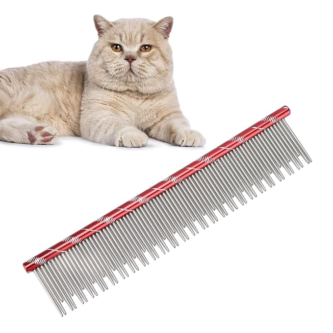 Pet Hair Removal Comb, Stainless Steel Cat Grooming Tool with Dual - Density Teeth, Open Knot Comb for Long and Short Haired Cats, Ergonomic Non - Slip Handle (Red)