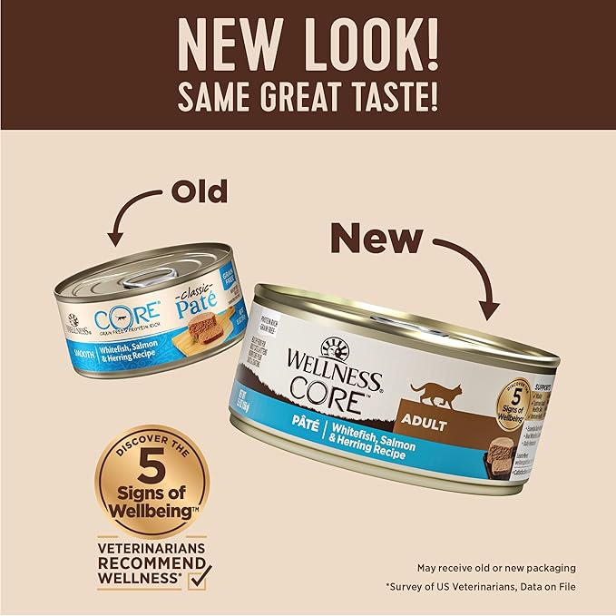 Wellness CORE Pate Adult Wet Cat Food, Natural, Protein-Rich, Grain Free, 5.5 Ounce, 24 Pack (Whitefish, Salmon & Herring)