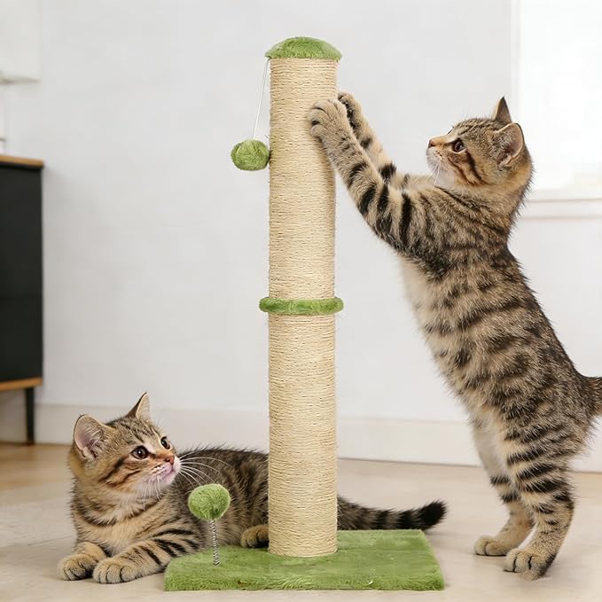 22" Small Cat Scratching Post, 3-in-1 Durable Sisal Vertical Cat Scratcher Post with Hanging Ball, Soft Fabric Stable Base Cat Scratch Pole for Kittens or Smaller Cats, Green