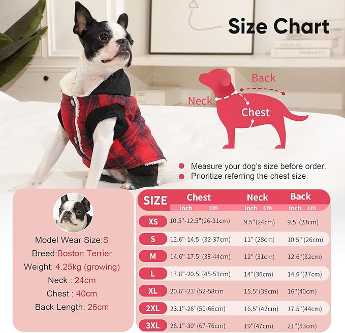 Fleece Lining Dog Hoodie for Small Dogs Extra Warm Plaid Sweater with Drawstring Hooded Coats in Winter Puppy Jacket,Red XS