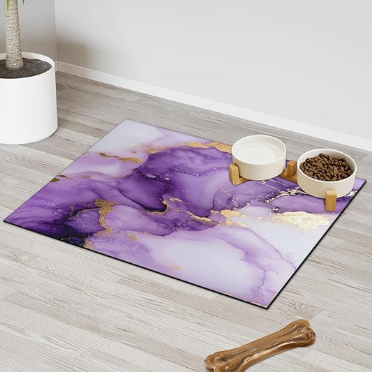 Marble Dog Food Mat for Floors Absorbent, Quick Dry Water Dispenser Mat for Food, Water, Pet Supplies 24" x 32", Purple Gold Abstract