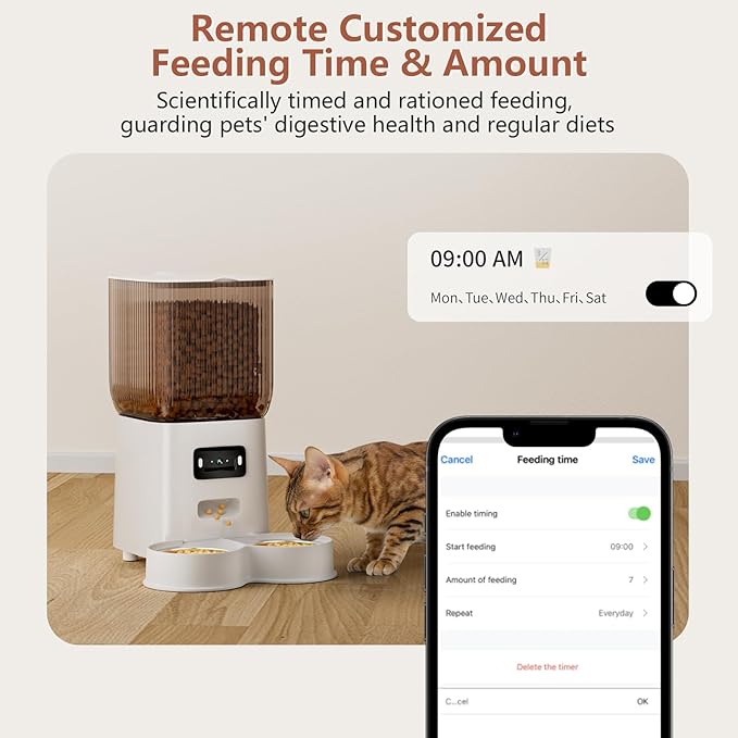 Automatic Cat Feeder with Camera, 5L Auto Dog Feeder with Night Vision Cat Food Dispenser with Stainless Steel Bowl, Pet Feeder for Small Pets Indoor (Vedio)
