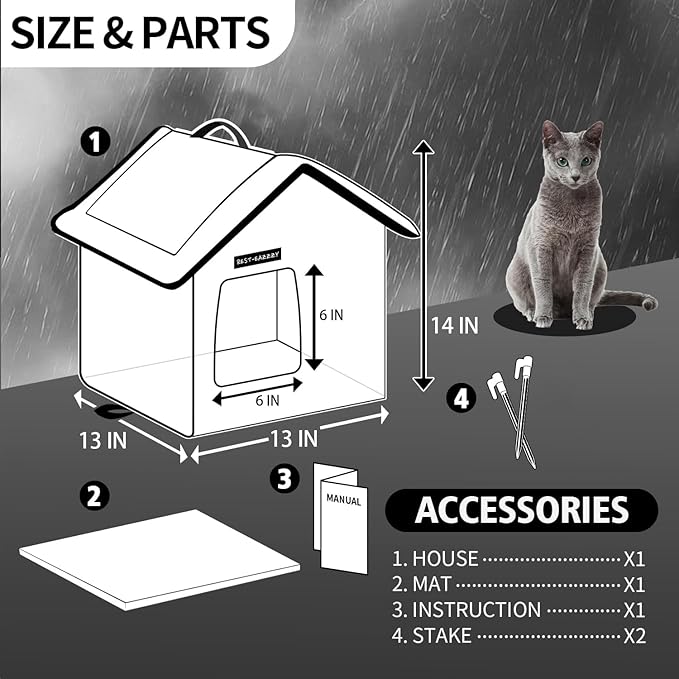 Rest-Eazzzy Cat House for Outdoor Cats, Weatherproof and Insulated Feral Cat House with Mat and Canopy, Easy to Put Together, Selfwarming Cat Shelter for Winter(13 * 13 * 14" Black with Support)