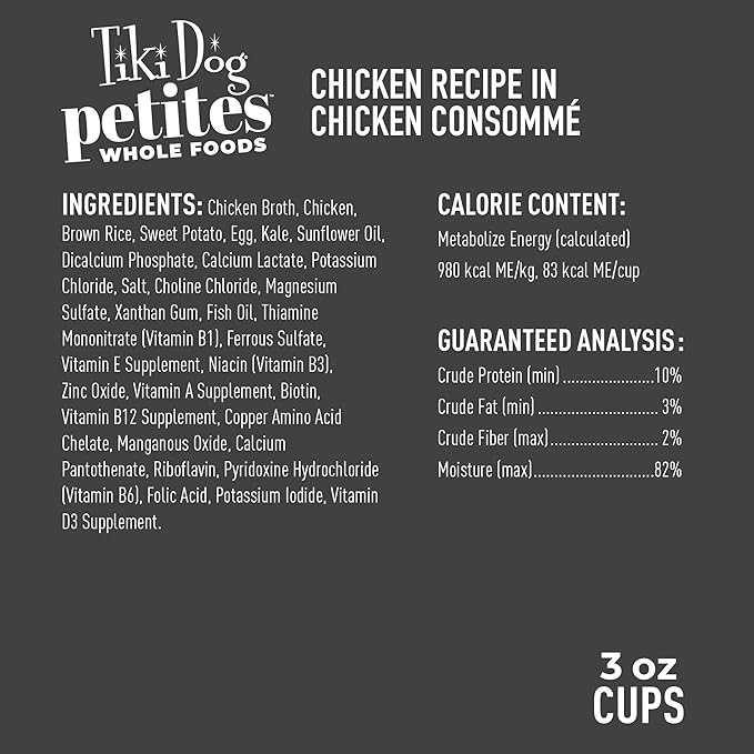 Tiki Dog Petites Whole Foods Wet Dog Food, Chicken, 3 oz. Cup (4 Count)