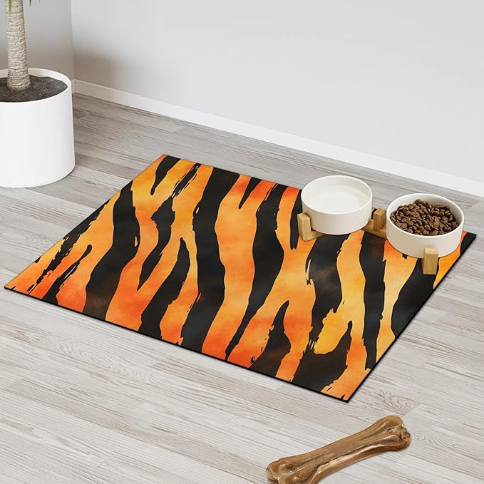 Tiger Print Dog Food Mat for Floors Absorbent Dog Bowl Mat for Food and Water Dispenser Quick Dry Cat Food Placemat Pet Supplies 24" x 32", Orange Leopard