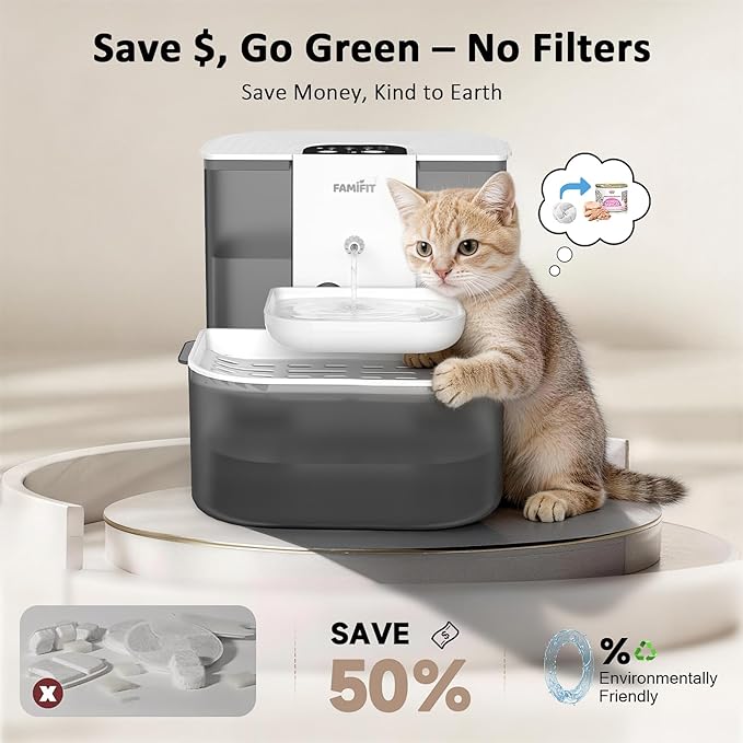 [New Upgrade] Famifit 4L+2.5L Heated Automatic Cat Water Fountain, 4000mAh Battery, Warm Water Option, Timed & Measured Control, Clean Water System, No Filter, Ceramic Bowl, Plug-in Recommended