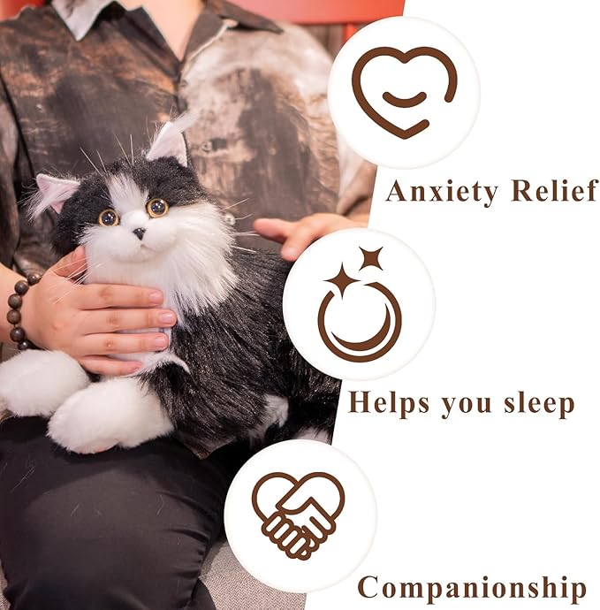 Interactive Companion Robot Cat Pets, Black Cat Stuffed Animals with Small Scarf, Emotional Support Plush with Voice Response, Realistic Heartbeat, Purring Sounds, Volume Control, Rechargeable