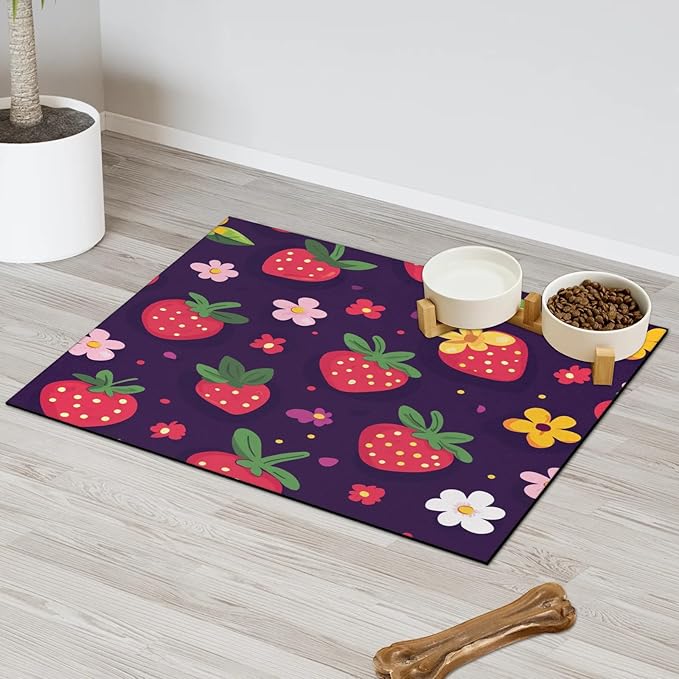 Strawberry Dog Food Mat for Floors Absorbent Dog Bowl Mat for Food and Water Dispenser Quick Dry Cat Food Placemat Pet Supplies 24" x 32", Floral